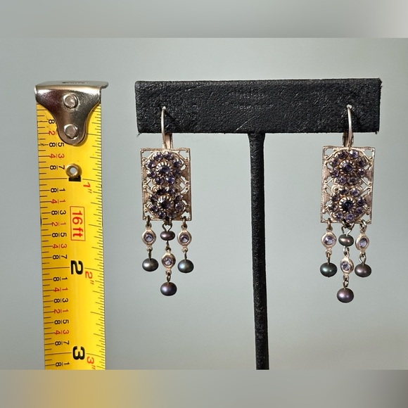Liz Palacios Freshwater Pearl Swarovski Crystal Purple Lavender Flower Earrings - Picture 6 of 6